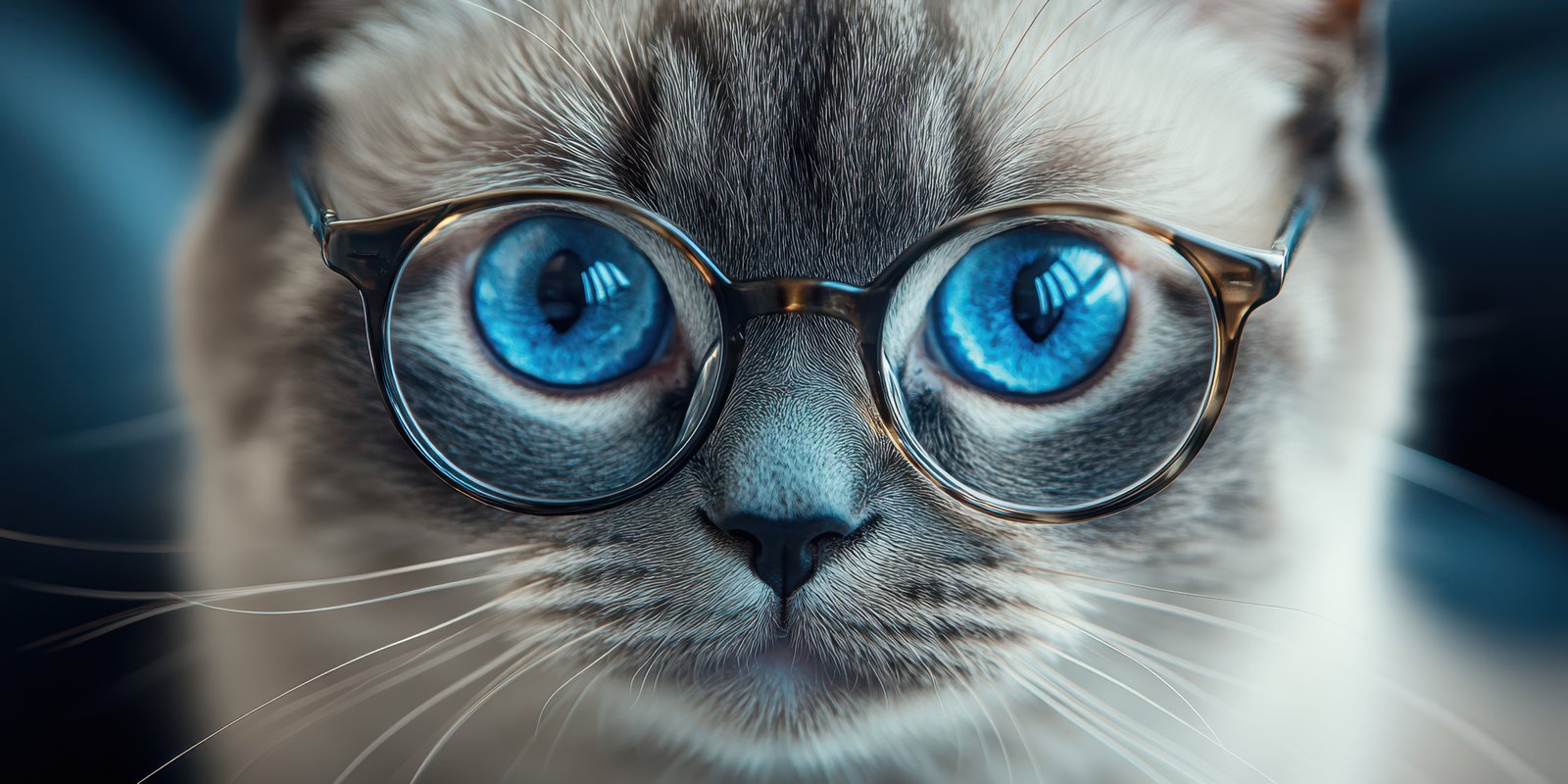Cat with blue eyes and glasses sitting calmly, showcasing unique personality in a relaxed indoor setting